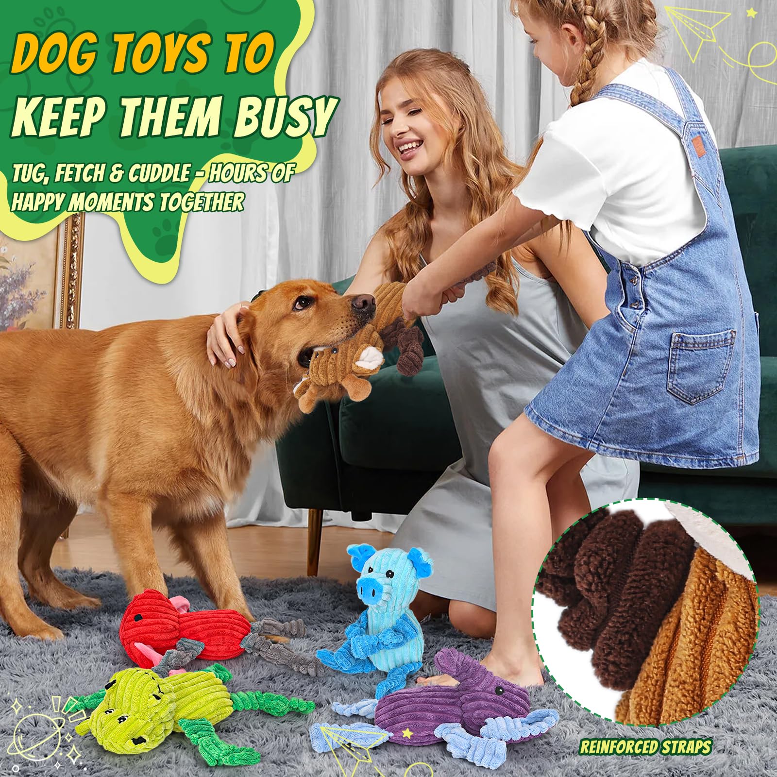 Squeaky Plush Dog Toy 5-Pack for Small, Medium & Large Dogs — Built-In Squeaker