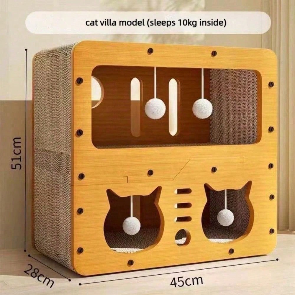 Double-Layer Cat Scratcher House with Cave Bed & Hanging Toy — 2 Styles