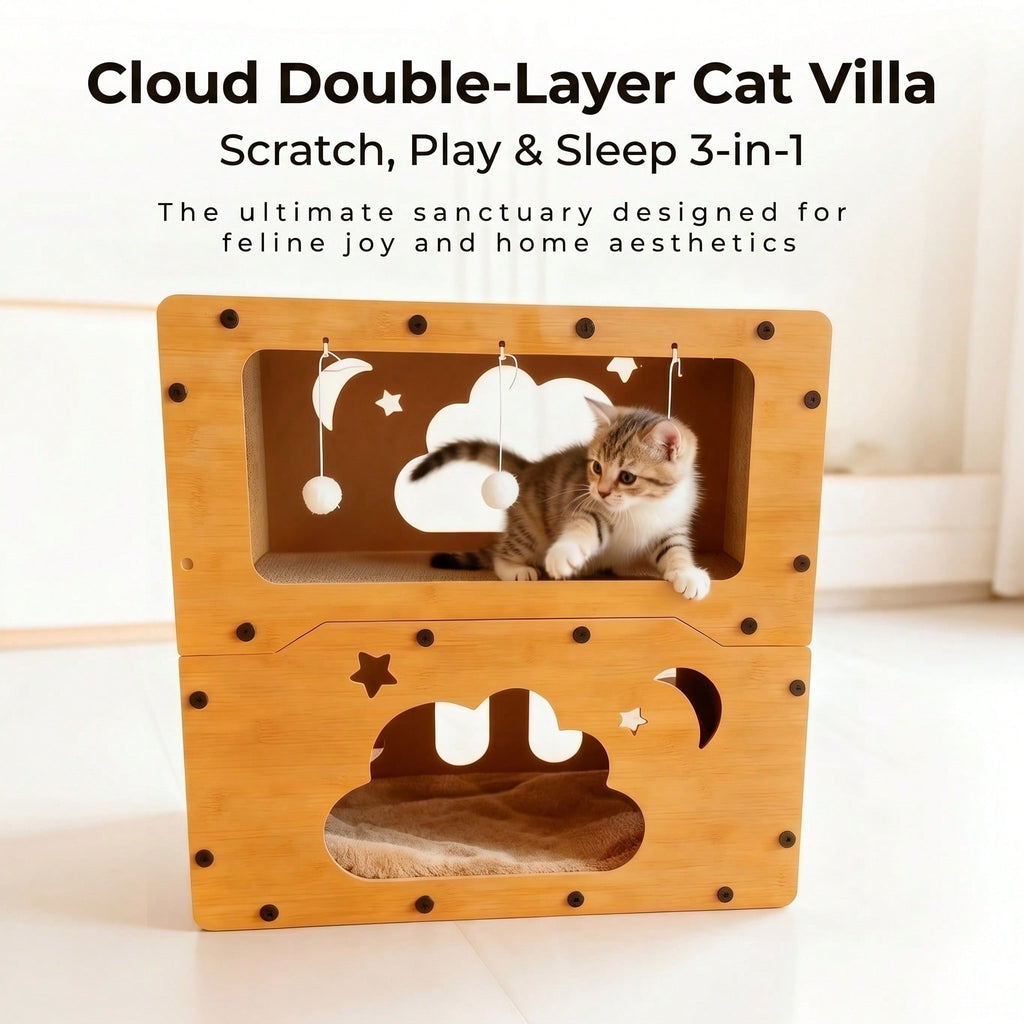 Double-Layer Cat Scratcher House with Cave Bed & Hanging Toy — 2 Styles