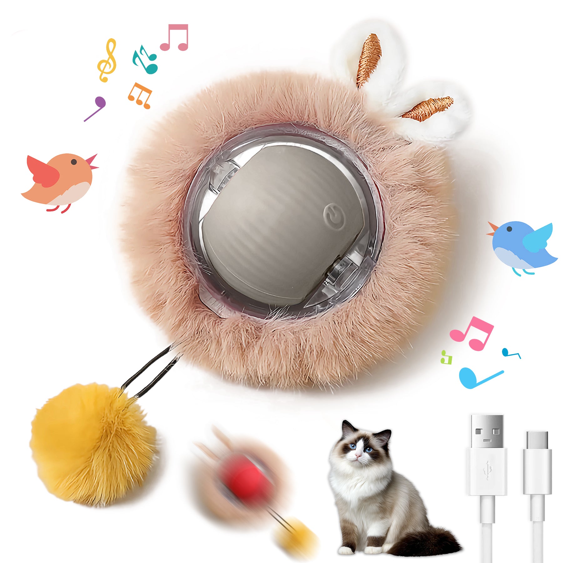 Motion-Activated Play Ball for Cats — Bunny Ears & Light-Up Tail
