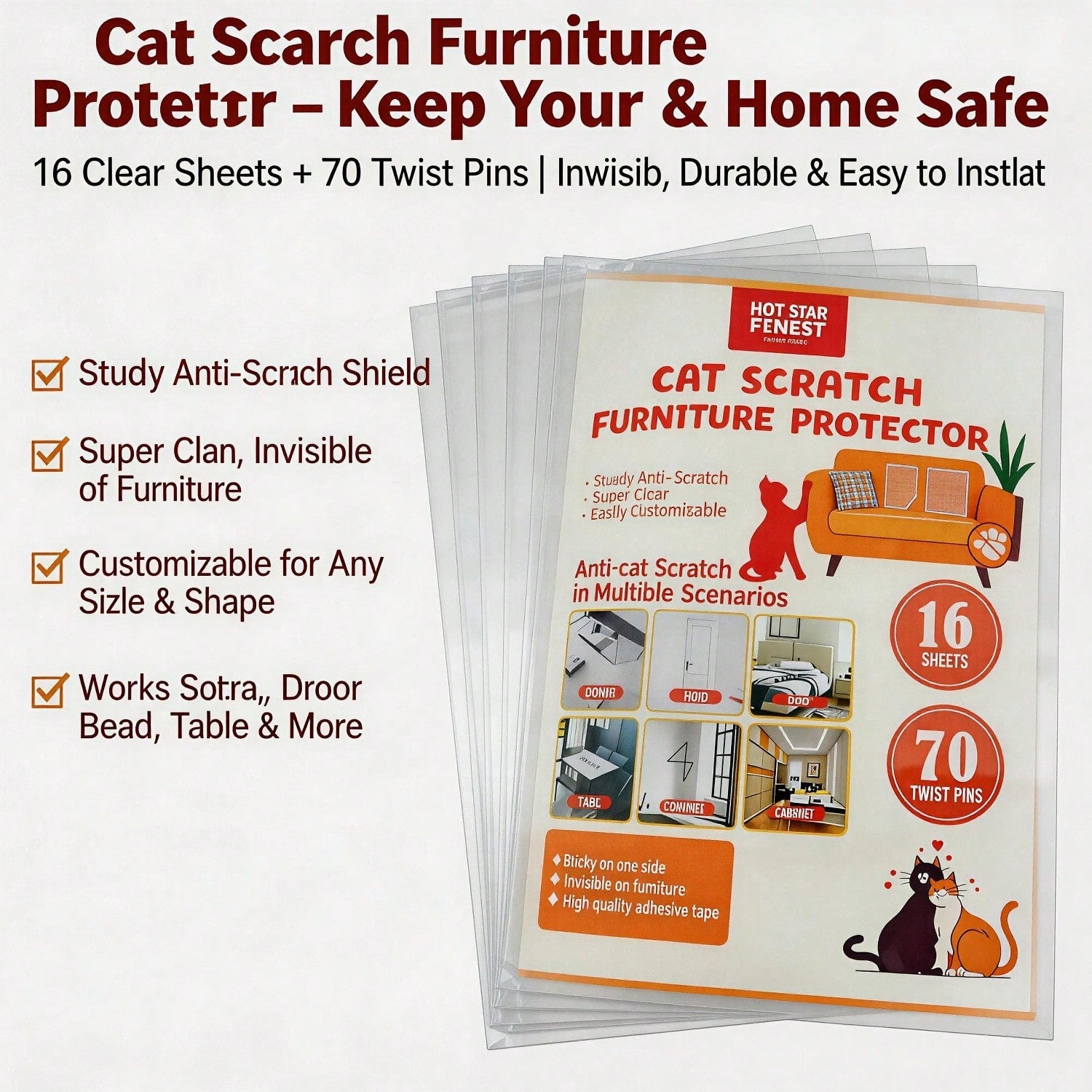 Clear Furniture Scratch Guards for Cats — 16-Sheet Kit with Pins