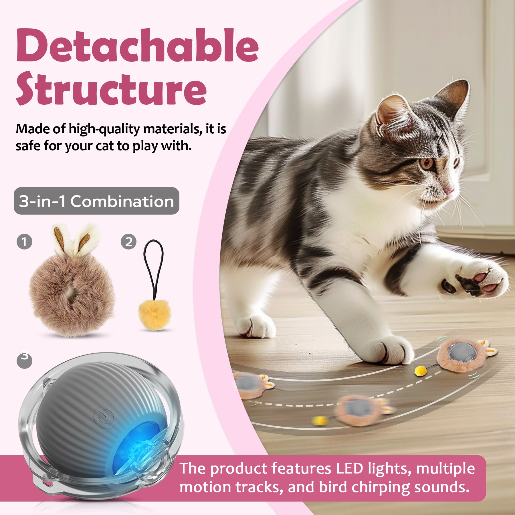 Motion-Activated Play Ball for Cats — Bunny Ears & Light-Up Tail
