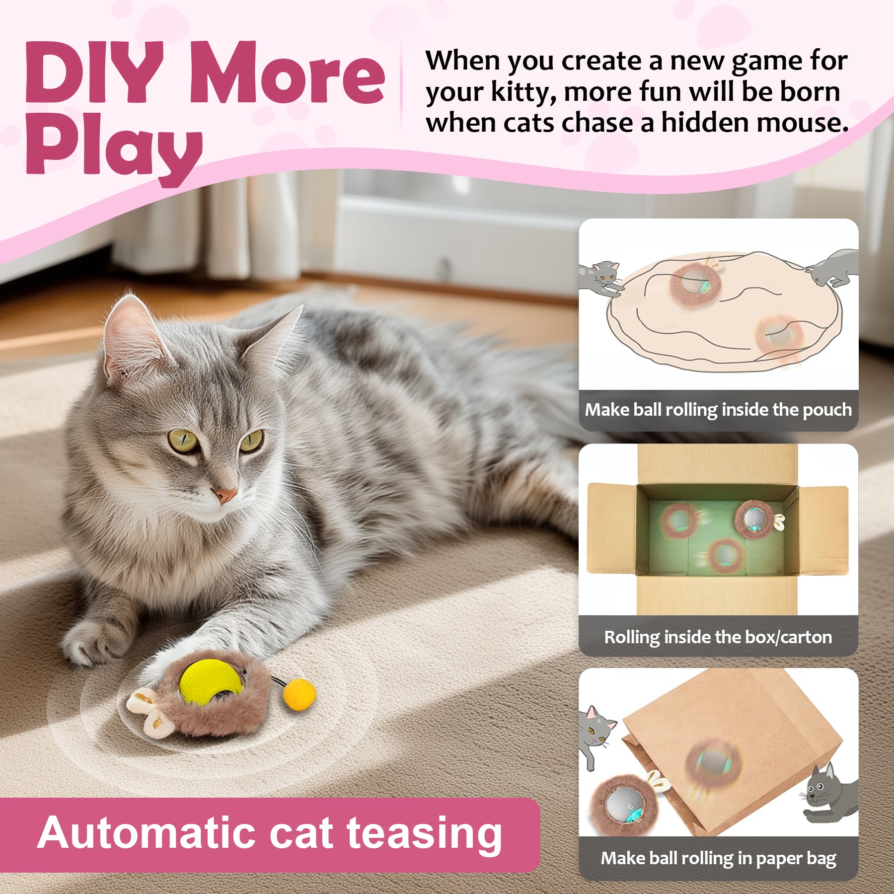 Motion-Activated Play Ball for Cats — Bunny Ears & Light-Up Tail