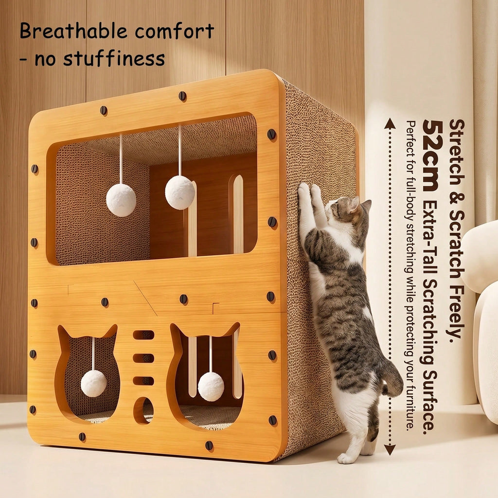 Double-Layer Cat Scratcher House with Cave Bed & Hanging Toy — 2 Styles