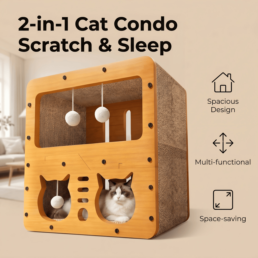 Double-Layer Cat Scratcher House with Cave Bed & Hanging Toy — 2 Styles