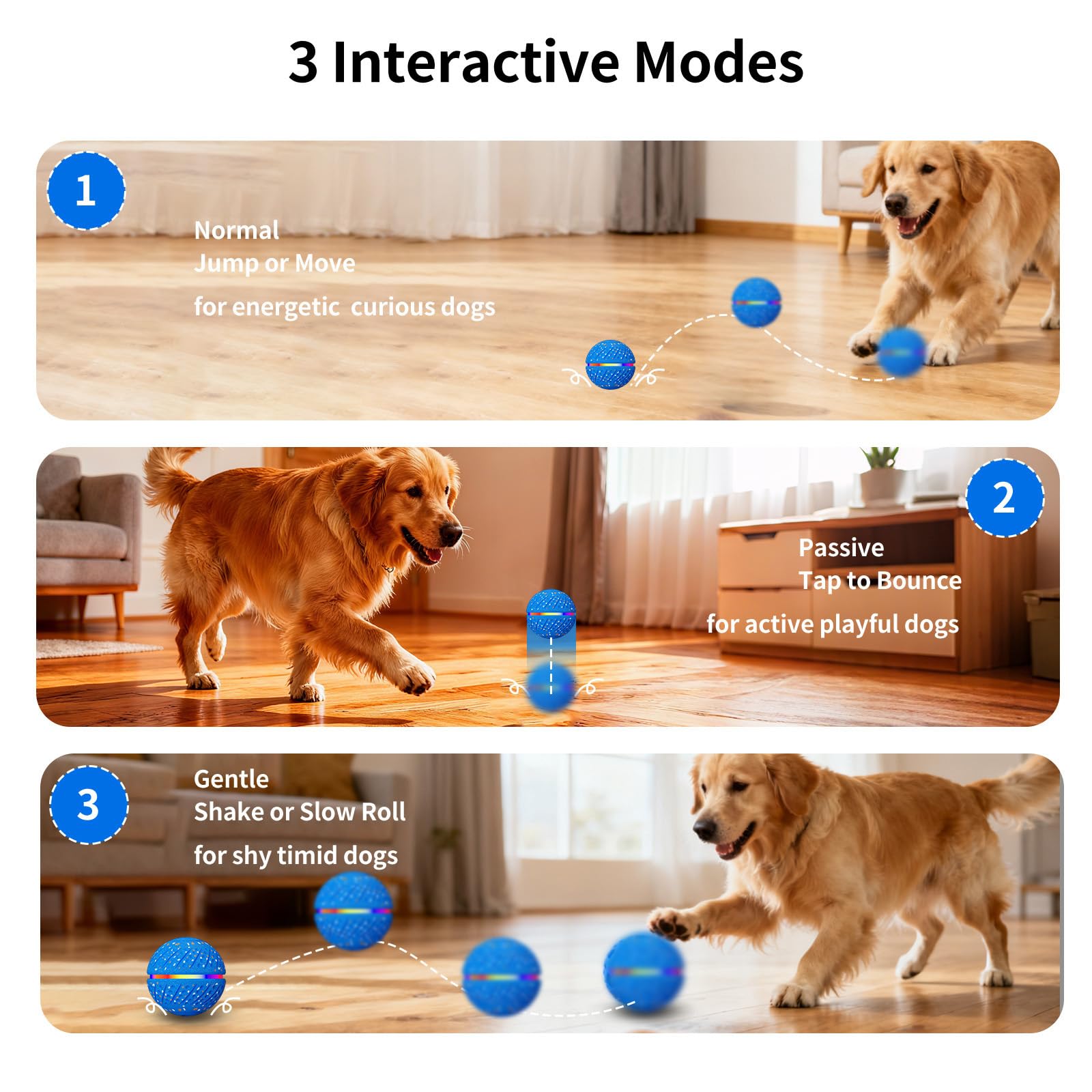 Self-Moving Dog Ball with LED Lights for Small & Medium Dogs — 3 Play Modes