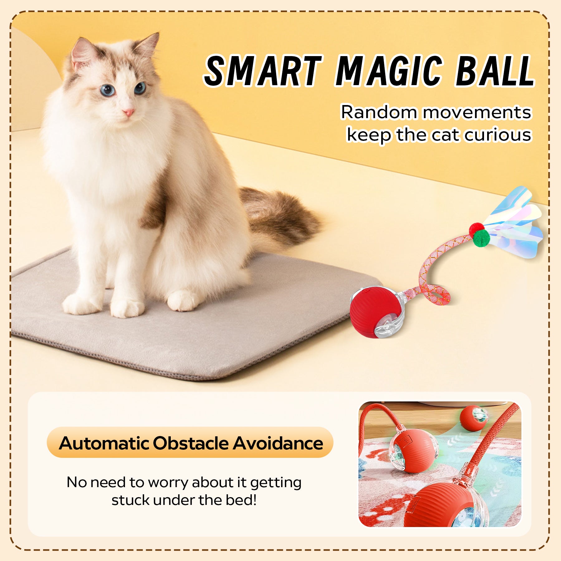 Self-Moving Cat Toy Ball with Elastic Tail — Two-Speed Interactive Play
