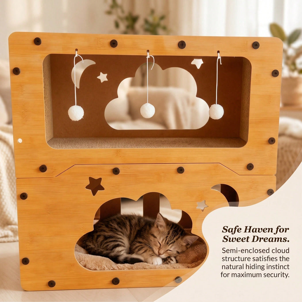 Double-Layer Cat Scratcher House with Cave Bed & Hanging Toy — 2 Styles