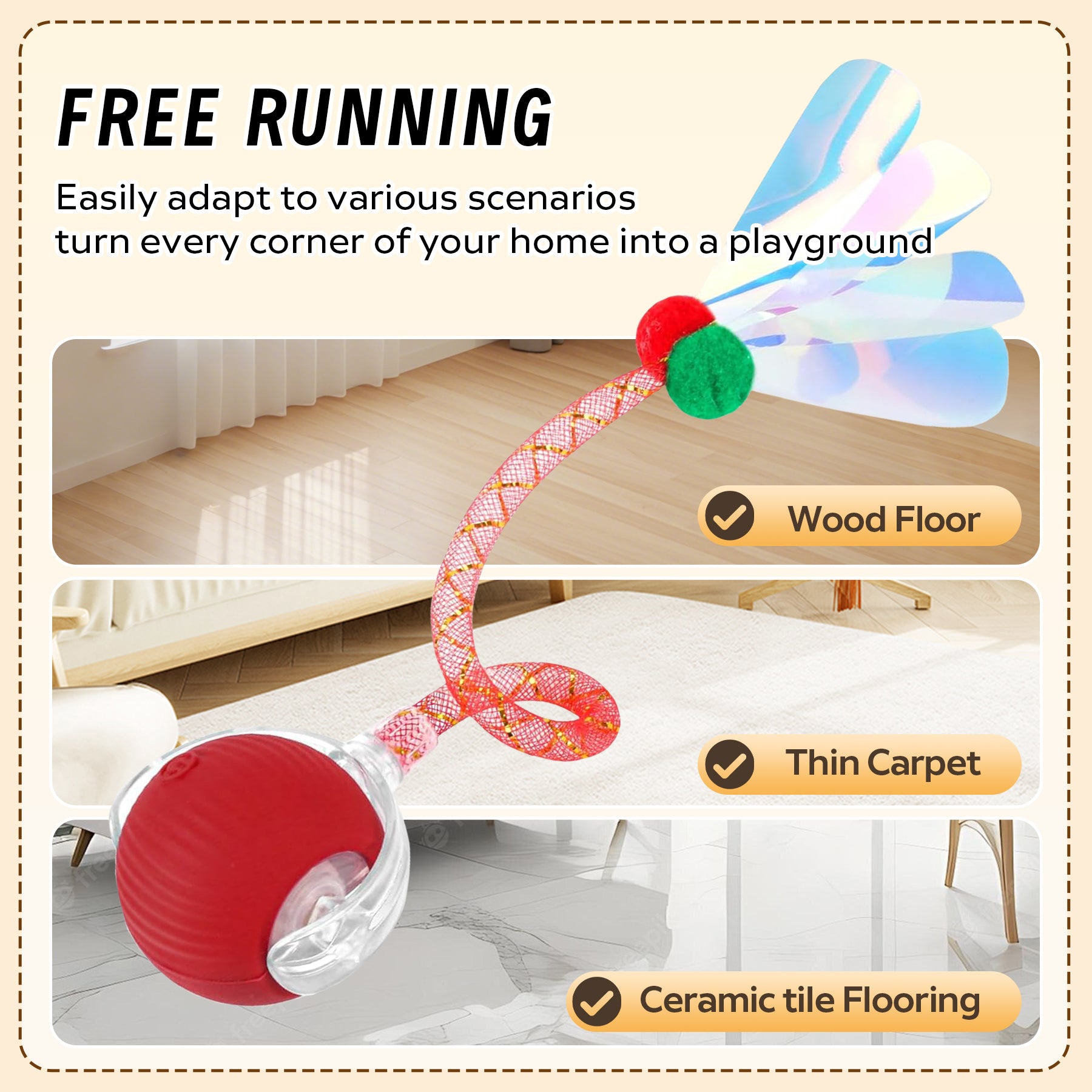 Self-Moving Cat Toy Ball with Elastic Tail — Two-Speed Interactive Play
