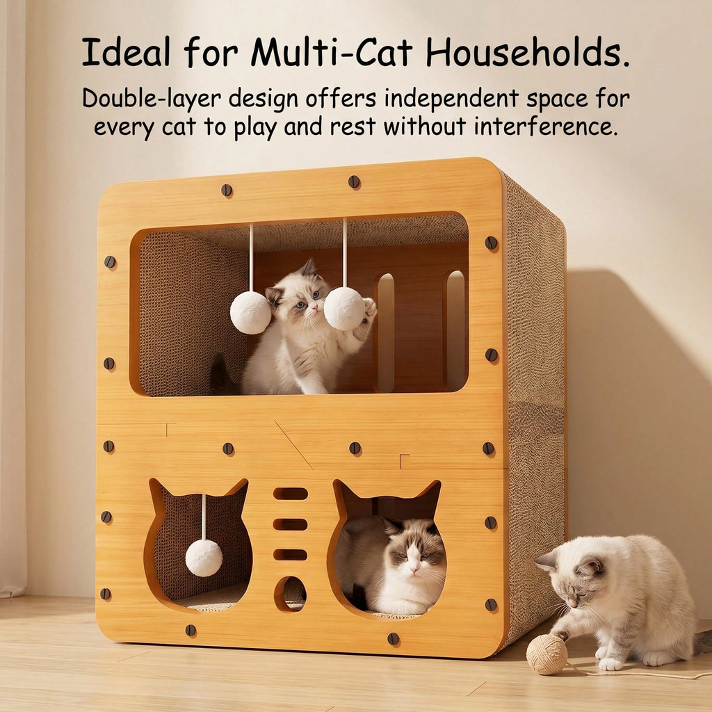 Double-Layer Cat Scratcher House with Cave Bed & Hanging Toy — 2 Styles