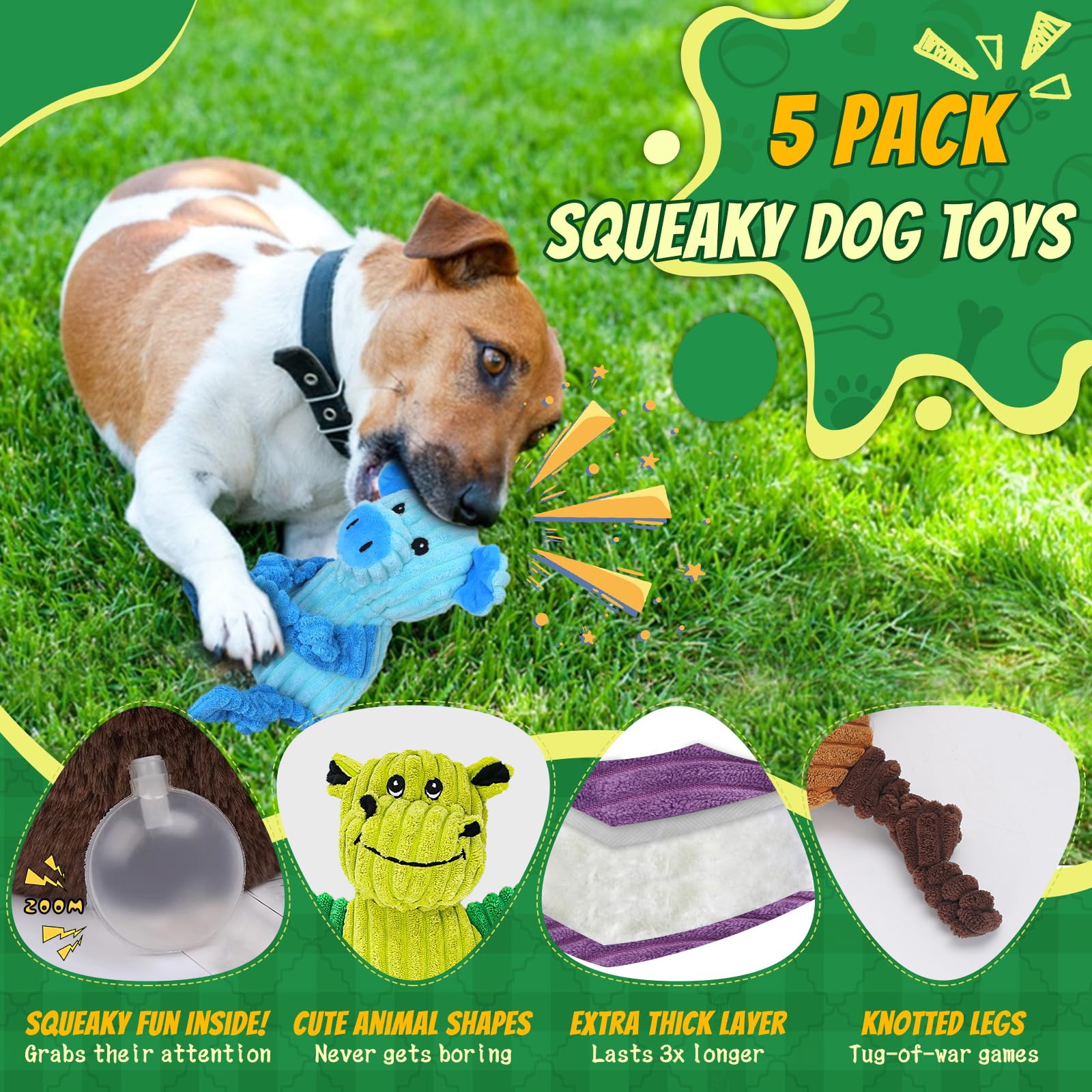 Squeaky Plush Dog Toy 5-Pack for Small, Medium & Large Dogs — Built-In Squeaker