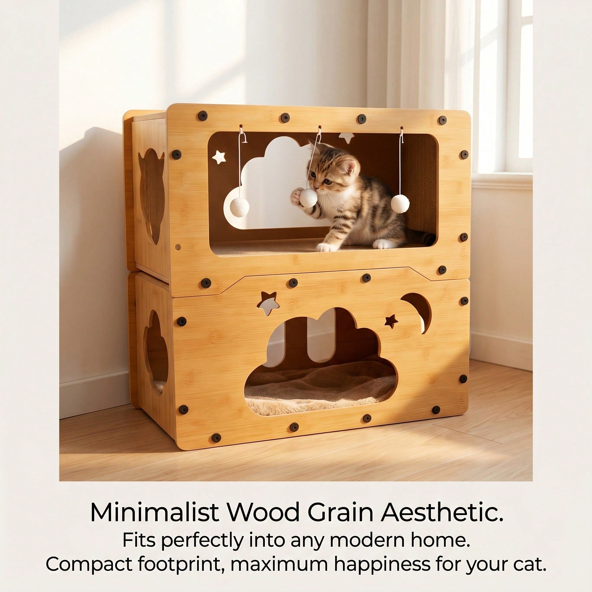 Double-Layer Cat Scratcher House with Cave Bed & Hanging Toy — 2 Styles