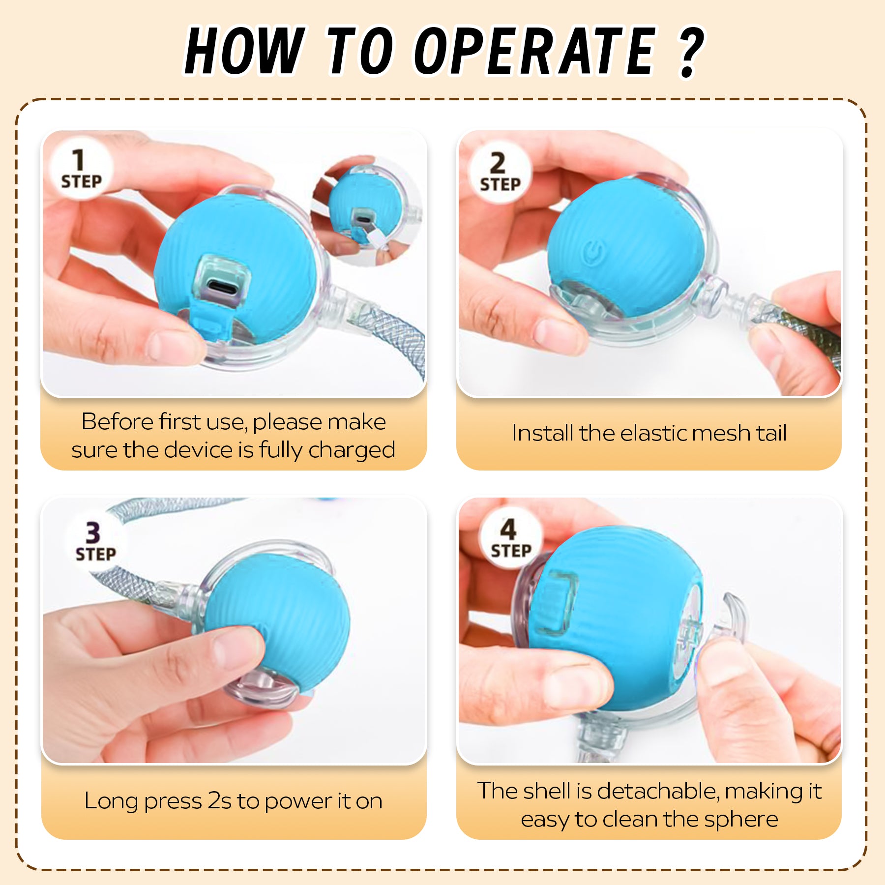 Self-Moving Cat Toy Ball with Elastic Tail — Two-Speed Interactive Play