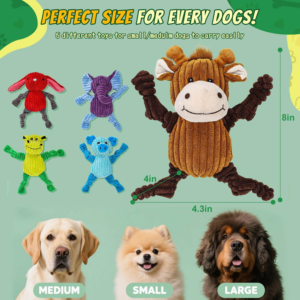 Squeaky Plush Dog Toy 5-Pack for Small, Medium & Large Dogs — Built-In Squeaker