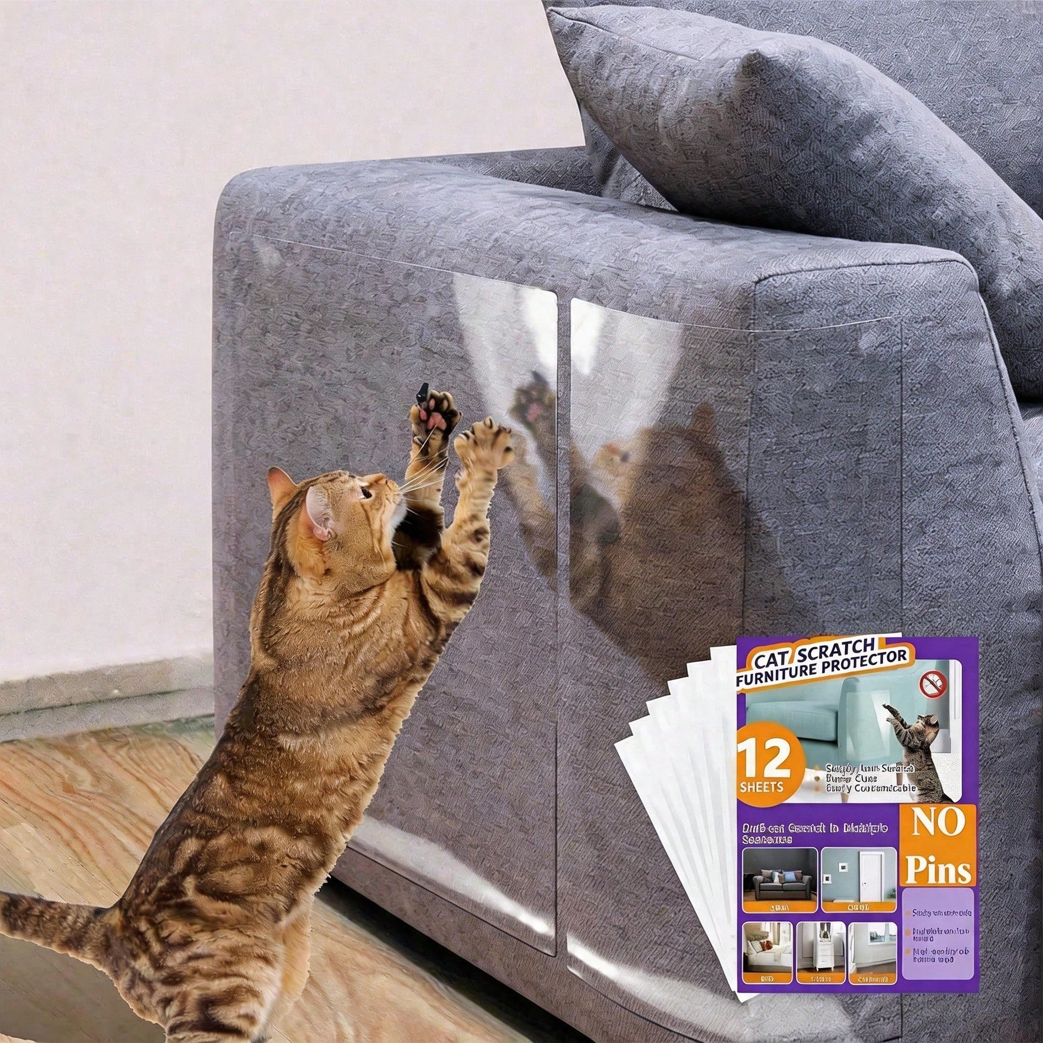 Clear Cat Scratch Deterrent Sheets for Furniture — 12-Pack, No Pins