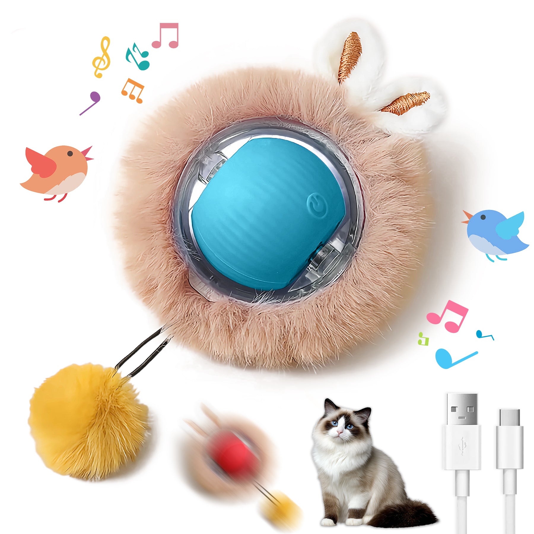 Motion-Activated Play Ball for Cats — Bunny Ears & Light-Up Tail