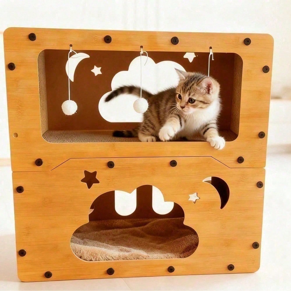 Double-Layer Cat Scratcher House with Cave Bed & Hanging Toy — 2 Styles