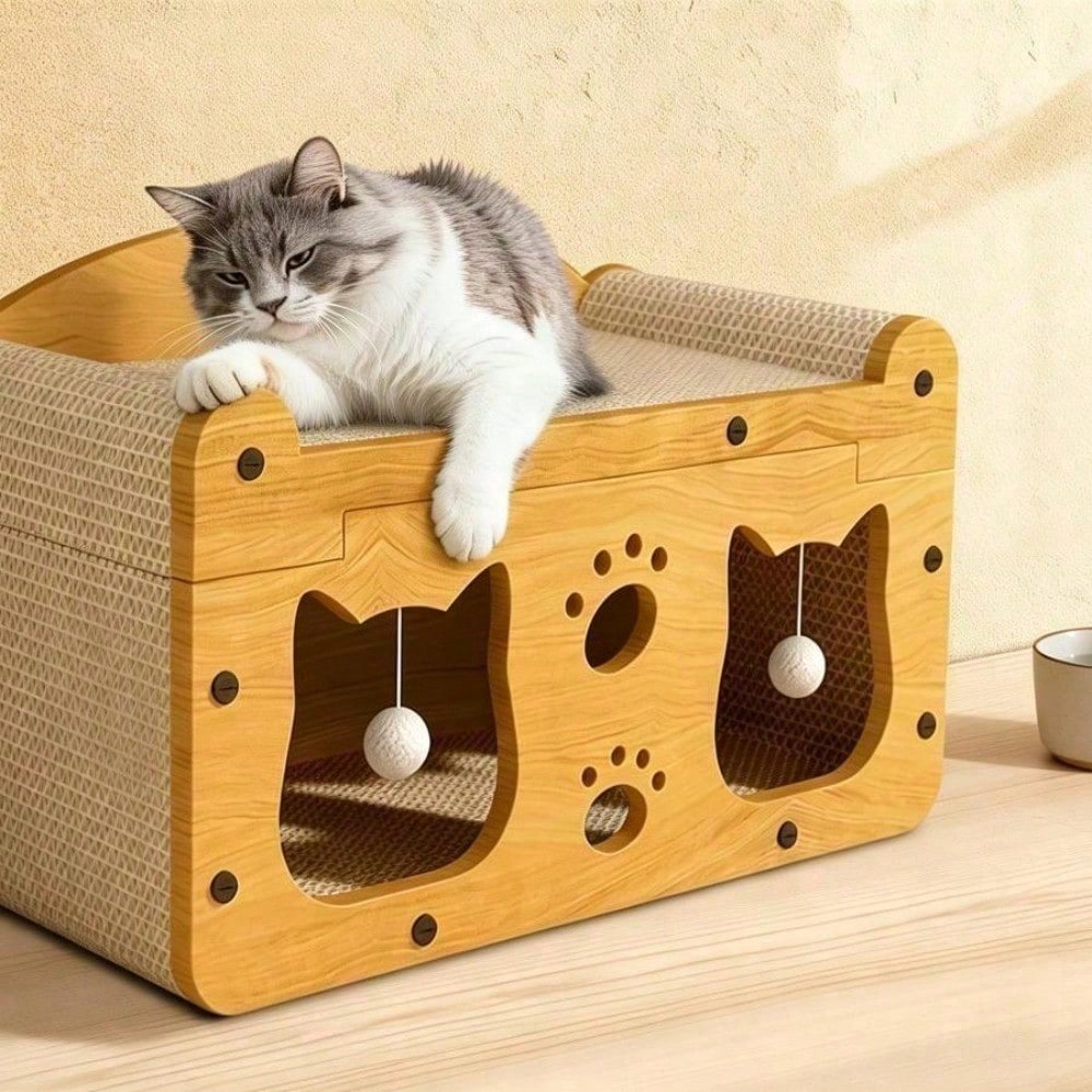 Two-Tier Cat Scratcher House with Cave & Sofa Bed — 3 Styles